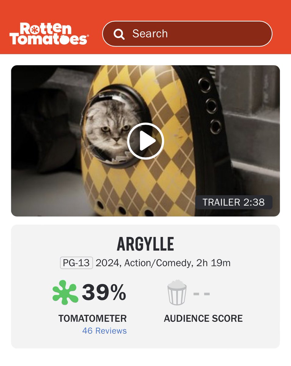 DiscussingFilm's tweet photo. Matthew Vaughan’s ‘ARGYLLE’ debuts with 39% on Rotten Tomatoes.

Read our review: https://t.co/NvKKzmqqA0 https://t.co/IrfDPuWMTZ