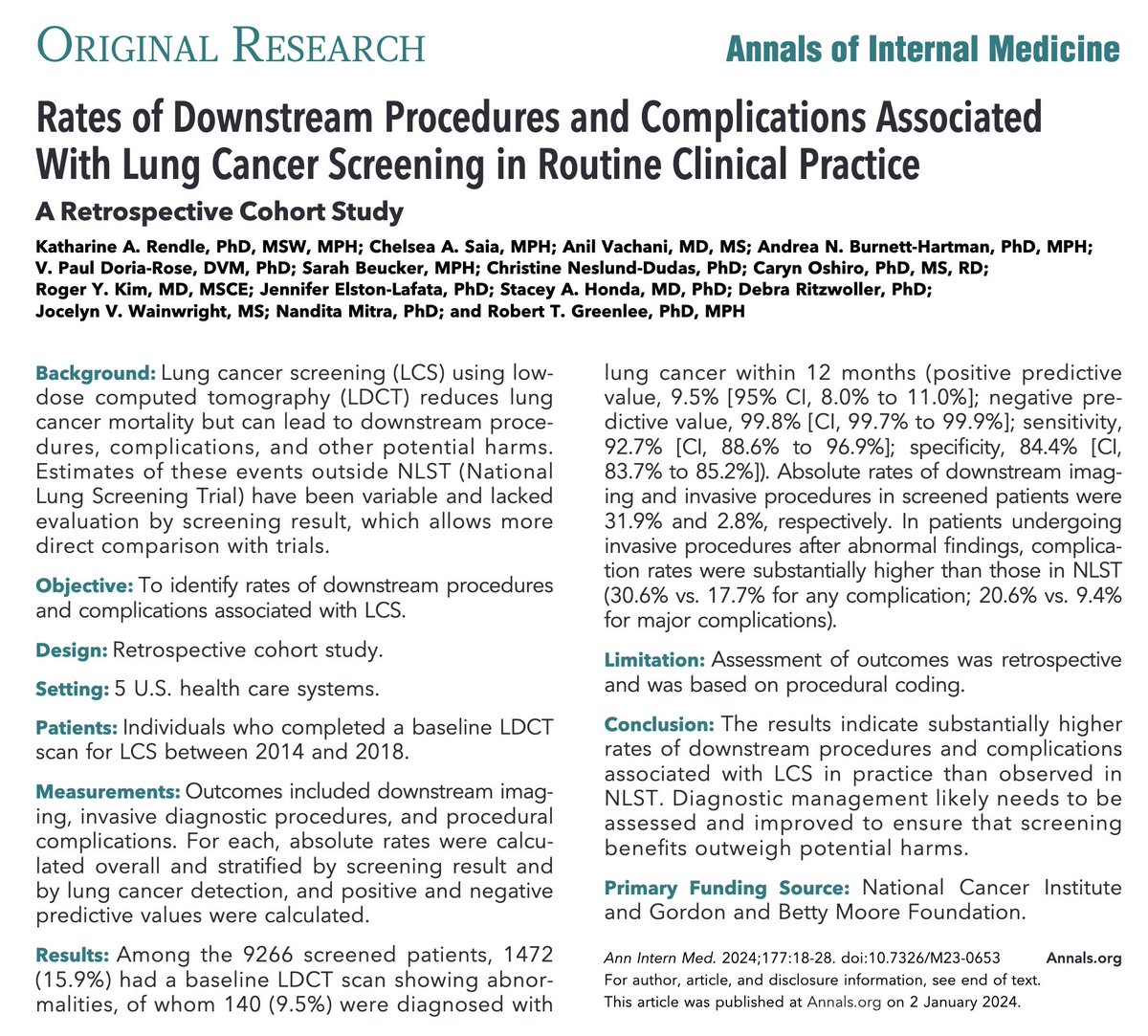 A new report once again focuses on the "complications" of lung cancer screening. In total, they found the rate of major complications for people WITHOUT lung cancer = 0.07%. So, why didn't the authors highlight this statistic in the conclusion? 1/🧵 acpjournals.org/doi/epdf/10.73…