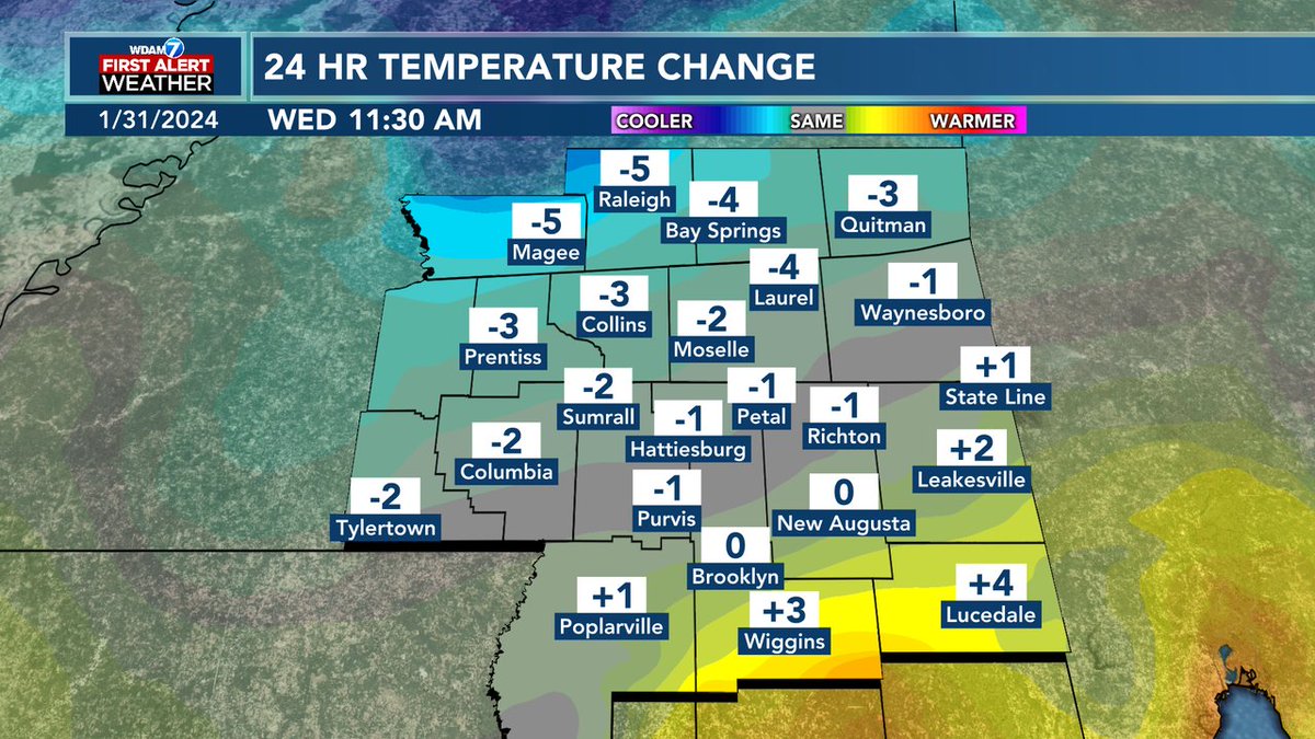 RyanMahanWx's tweet photo. We're smack-dab in the middle of the sneaky front that'll bring frostiness back to our mornings, but won't last too long as we'll be closing in on 70 again by Friday. Tune to WDAM 7 Midday in 15 minutes for the latest! #mswx #WDAM #weather https://t.co/ExxXv7c5TG