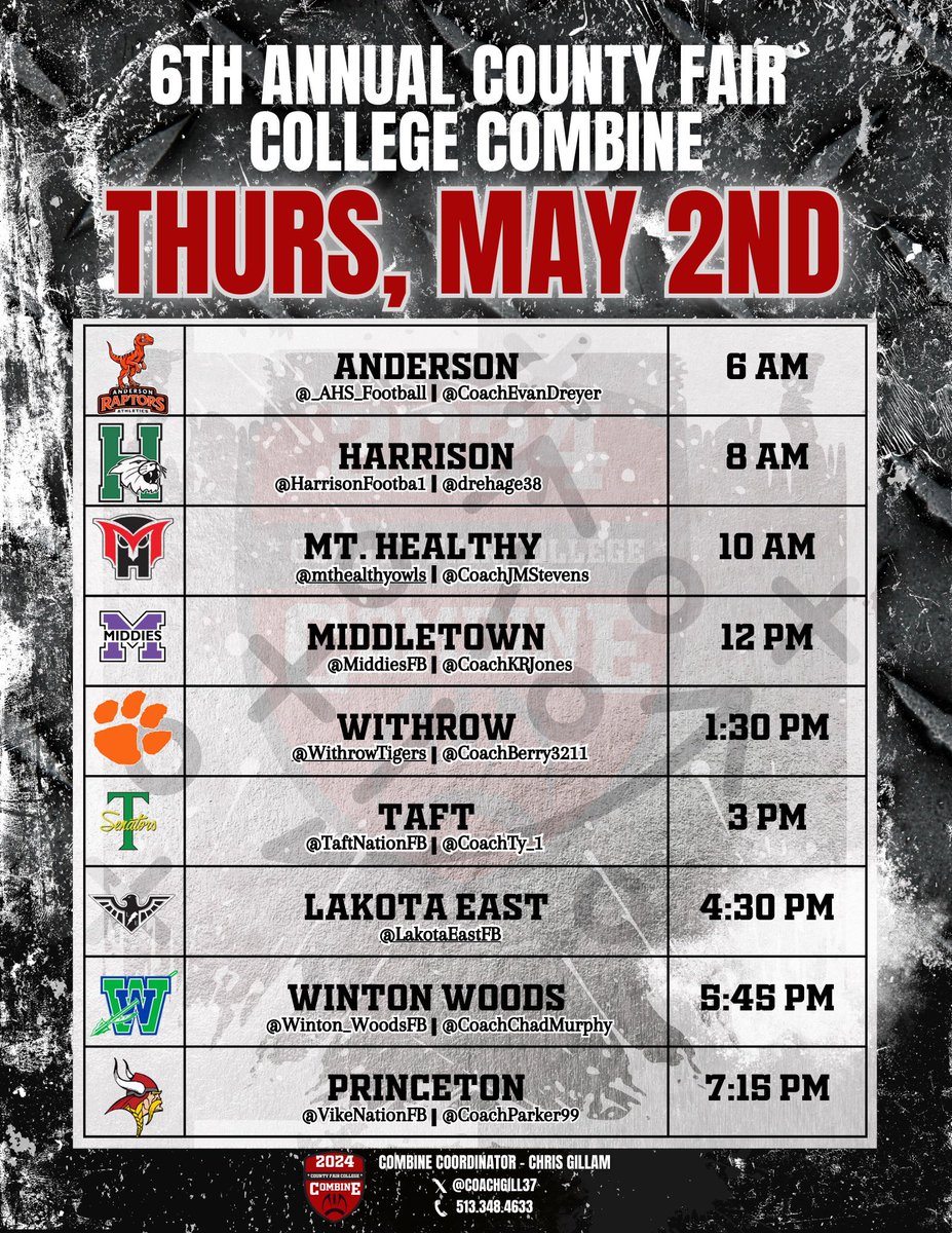 College coaches we look forward to seeing you on May 2nd! <a href="/CoachEvanDreyer/">Evan Dreyer</a> <a href="/drehage38/">Derek Rehage</a> <a href="/CoachJMStevens/">Jordan Stevens</a>
<a href="/CoachKRJones/">Coach Jones</a> 
<a href="/CoachBerry3211/">Anthony Berry</a>
<a href="/CoachTy_1/">Tyler Williams</a>
<a href="/LakotaEastFB/">Lakota East Football</a> 
<a href="/CoachChadMurphy/">Chad Murphy</a>
<a href="/CoachParker99/">Andre Parker</a> 
#CountyFair24
