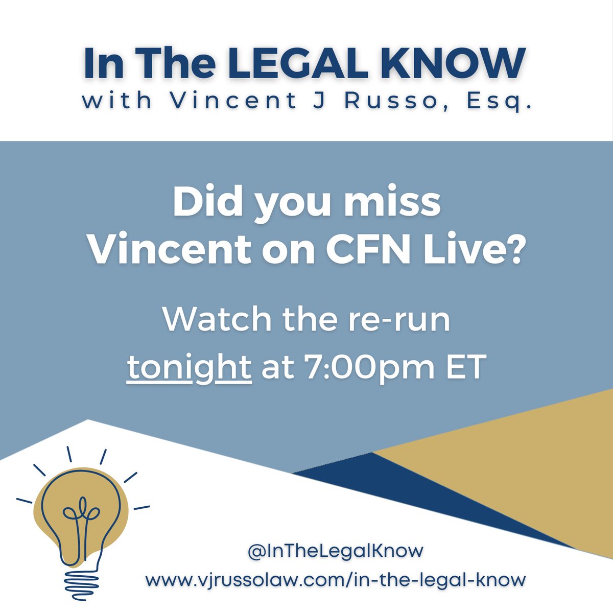 Did you catch “In The Legal Know” this morning? Watch the re-run at 7pm ET tonight. Learn the benefits of a #MedicaidAssetProtectionTrust, how it can protect assets, and how it can help you avoid #Medicaid estate recovery. #russolawgroup #inthelegalknow #CFNLive #medicaidtips