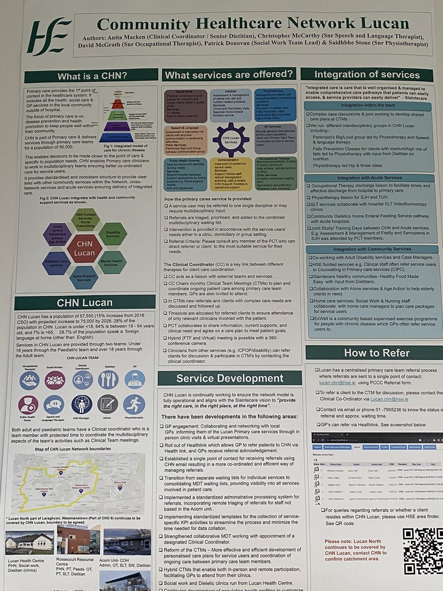 Delighted as Clinical Coordinator for CHN6 to share poster demonstrating integrated care in Dublin West/Kildare. The event showcased the collaborative efforts of  Community Healthcare networks, ICPOP, Chronic disease hubs and St. James Hospital in promoting integrated care #HSE