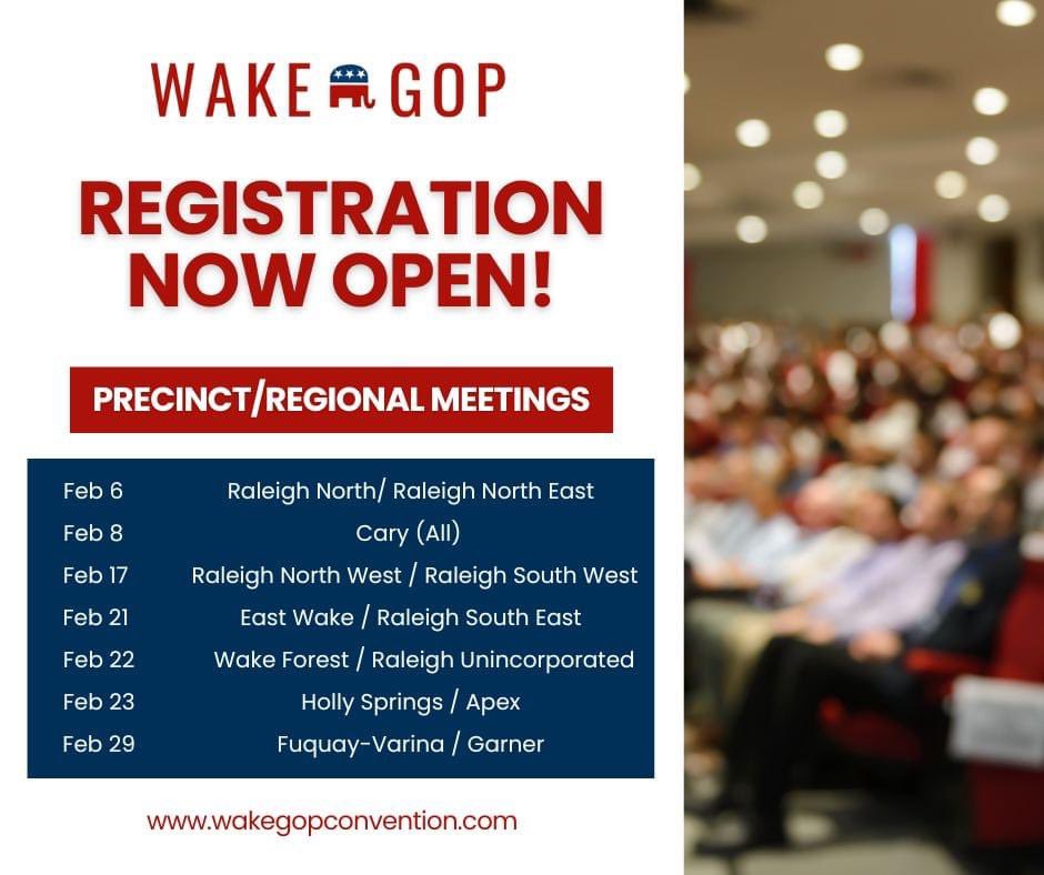 wakegop's tweet image. You don't want to miss your upcoming precinct/regional meetings. Please join us! Register here: wakegopconvention.com. #ncpol #precinct