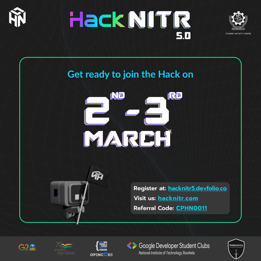 theDevArmy's tweet photo. We are thrilled to announce that we are partnering with @hacknitr 5.0

Please find the details below:
🗓 Date: 2nd - 3rd March
📍 NIT Rourkela
🔗 Registration Link: https://t.co/qwHvahWvXR
📜 Referral Code: CPHN0011
🌐 Website: https://t.co/MkPpSDqHKR

 #HackNITR5 https://t.co/K4xym2CDeN
