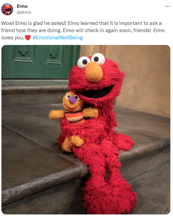 Great advice from our good friend @elmo No time like the present to 'check in' with friends family colleagues & ask How They are Doing? #EmotionalWellbeing 4 colleagues we also have the frankly amazing @HSELive Employee Assistance Programme❤️healthservice.hse.ie/staff/benefits… @HsehealthW