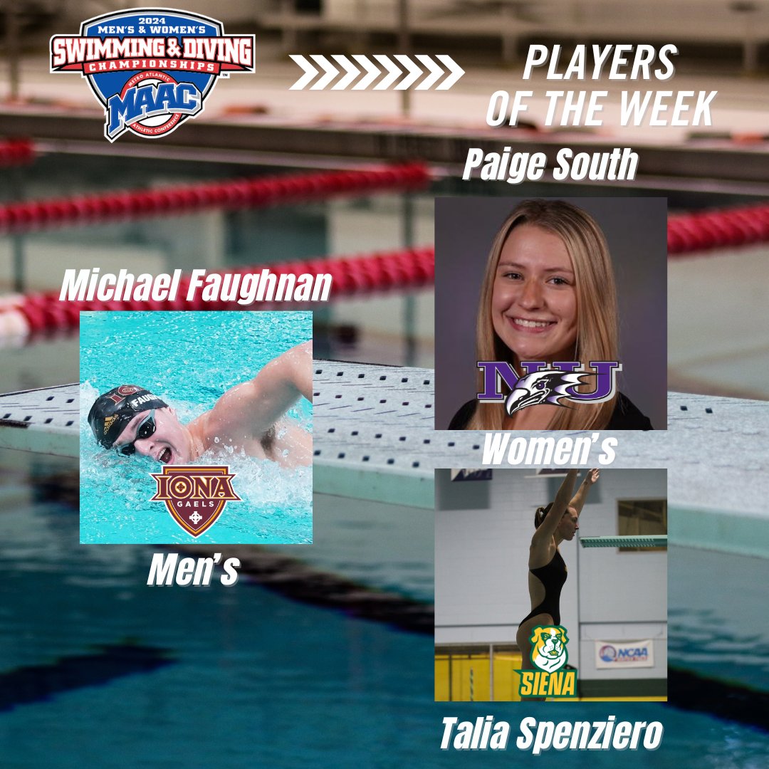 Congratulations to this week's MAAC Swimming and Diving Weekly Award Winners!     

Men’s Swimmer of the Week: Michael Faughnan, <a href="/IonaSwimming/">Iona Swimming & Diving</a>
Women’s Swimmer of the Week: Paige South, <a href="/NiagaraSwim/">Niagara Swimming</a>
Women’s Diver of the Week: Talia Spenziero, <a href="/Siena_SwimDive/">Siena Swimming & Diving</a>

📰: