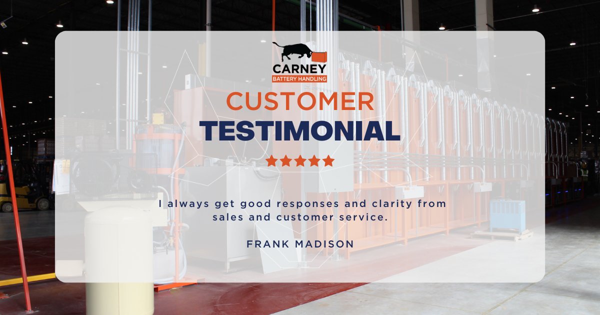 Another great testimonial from one of our key customers. Thanks, Frank, for sharing your positive experience with us. Your satisfaction is what inspires us to keep delivering quality service. #customertestimonial #customerservice #carneybatteryhandling