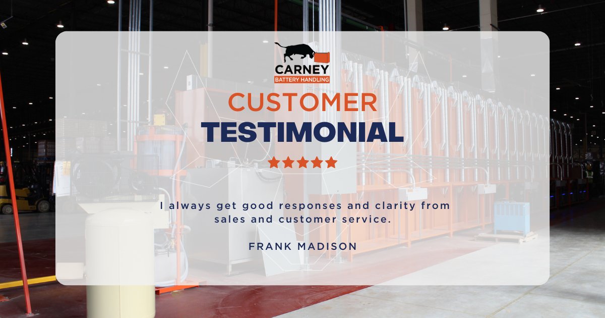 Another great testimonial from one of our key customers. Thanks, Frank, for sharing your positive experience with us. Your satisfaction is what inspires us to keep delivering quality service.

#customertestimonial #customerservice #carneybatteryhandling