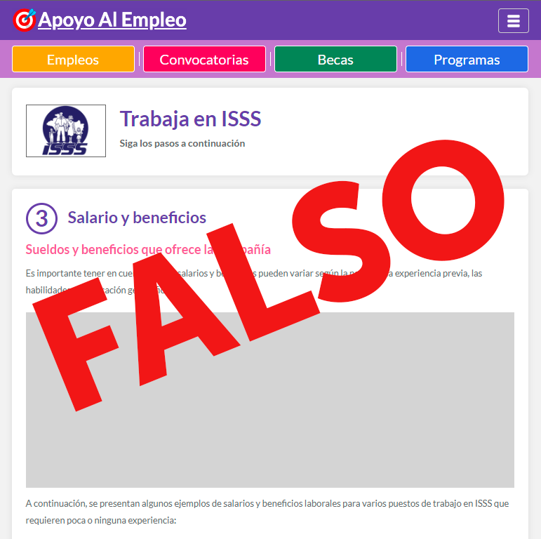 isss_gob_sv's tweet photo. Este anuncio de oferta de trabajo que se difunde en redes sociales ES FALSO y no proviene de la institución.

Invitamos a la población a no dejarse engañar y denunciar este tipo de publicaciones. https://t.co/bCQ2LwP7Yu
