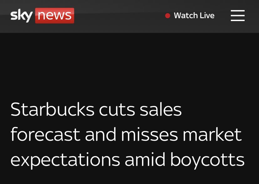 Starbucks told investors the boycott had a "significant impact on traffic and sales". They’re 11% below a year ago. The boycott began when Starbucks sued their union for a pro-Palestine statement.

Boycotts work. This cost raises the risk of being anti-Palestinian to other firms.