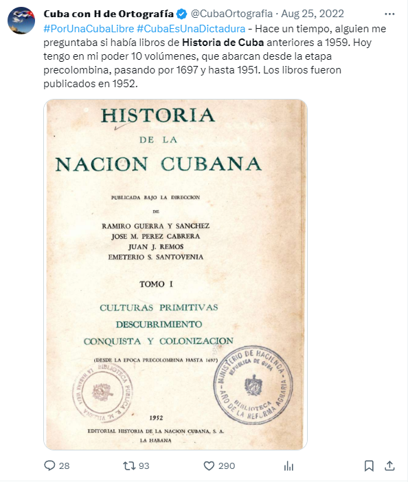 CubaOrtografia's tweet photo. #LeerEsSaber - Les recuerdo a todos que desde agosto de 2022 están disponibles en mi canal de Telegram, entre miles de libros, 10 volúmenes de Historia de Cuba, publicados en 1952. Al menos, no están contaminados con la ideología castrista de 1959. El canal es privado. Me pueden escribir al DM y les envío el enlace.

Cuando el tiempo me lo permita, estaré subiendo unos 4000 títulos referidos a Cuba, desde diferentes épocas y perspectivas, en español e inglés, siempre anteriores a 1959.

También están disponibles, si así lo solicitan, las colecciones de la revista Bohemia (1910-2013), Diario de la Marina (1844-1960), así como los siguientes títulos:

- Lunes de Revolución.
- Hoy.
- Reader's Digest.
- Carteles.
- Cine cubano.
- El Guía.
- INRA.
- Opina.
- Colegio de Arquitectos.
- Cuba Descriptiva.
- La Habana Elegante.
- Revista Social.
 
Por el tamaño que ocupan, estos y muchos otros no están en el canal, pero me los piden y los subo puntualmente. Recuerden compartir la información e invitar a sus amistades. El objetivo del canal de Telegram NO es tener seguidores, sino que los libros lleguen a la mayor cantidad de personas para empezar a salir de la oscuridad informativa que nos tiene hundidos en la ignorancia desde hace más de 60 años. Muchas gracias por el apoyo. Saludos y bendiciones.