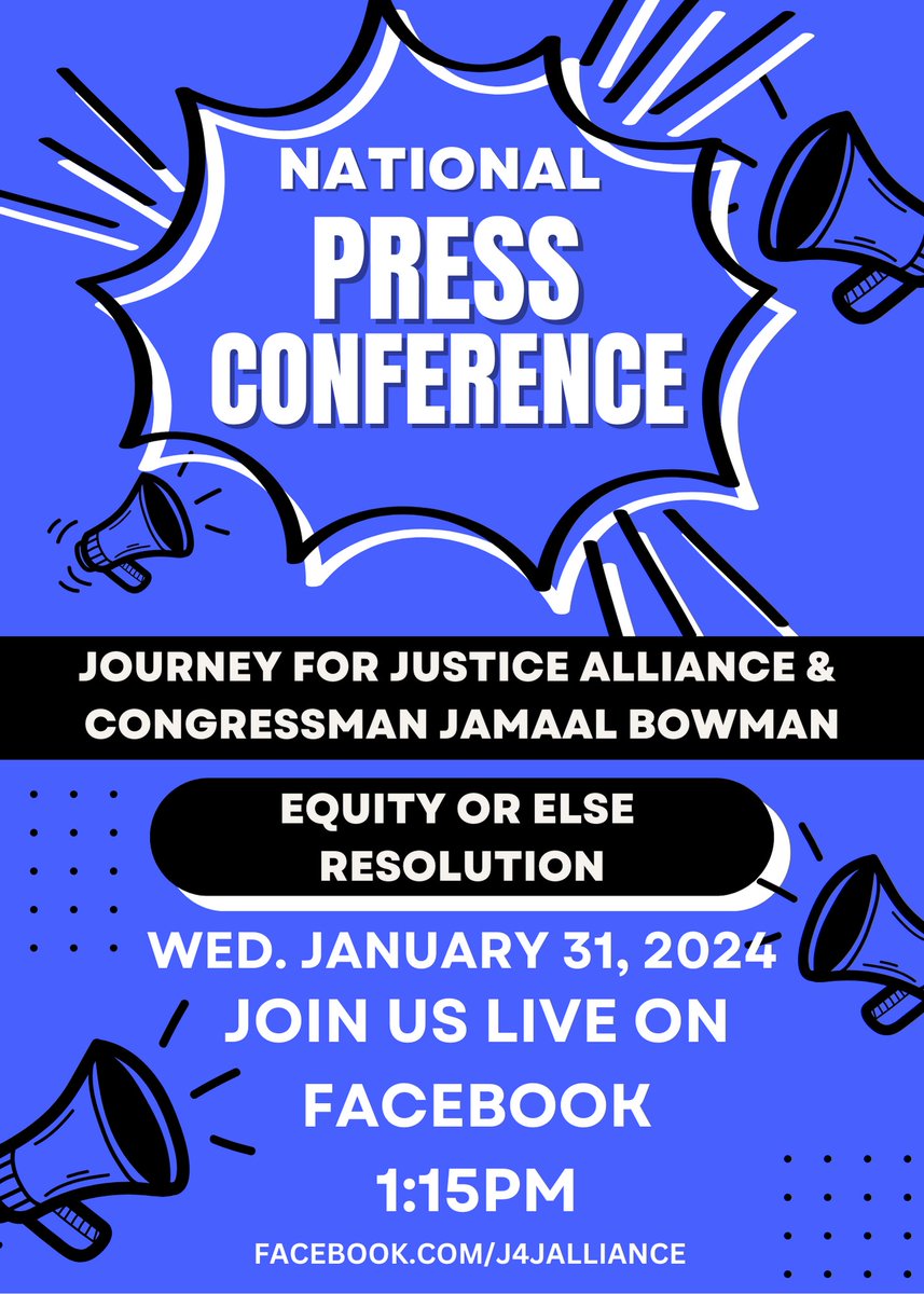 DBaileyJ4J (@dbaileyj4j) on Twitter photo Today @ 1:15 EST, <a href="/RepBowman/">Congressman Jamaal Bowman</a> and J4J will make a special announcement about the #EquityOrElse campaign.
Watch live at facebook.com/J4JAlliance Today @ 1:15 EST, <a href="/RepBowman/">Congressman Jamaal Bowman</a> and J4J will make a special announcement about the #EquityOrElse campaign.
Watch live at facebook.com/J4JAlliance