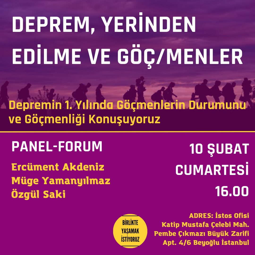 Depremin yıl dönümünde Deprem, Yerinden Edilme ve Göç/menler başlıklı Panel-Forum’da buluşuyoruz. 

Konuşmacılar:
Ercüment Akdeniz (<a href="/ErcmentAkdeniz/">Ercüment Akdeniz</a>)
Müge Yamanyılmaz (@YamanyilmazMuge)
Özgül Saki (<a href="/ozgulsakii/">Özgül Saki</a>)

🗓️ 10 Şubat Cumartesi 
🕰️ 16.00
📍 istos ofisi