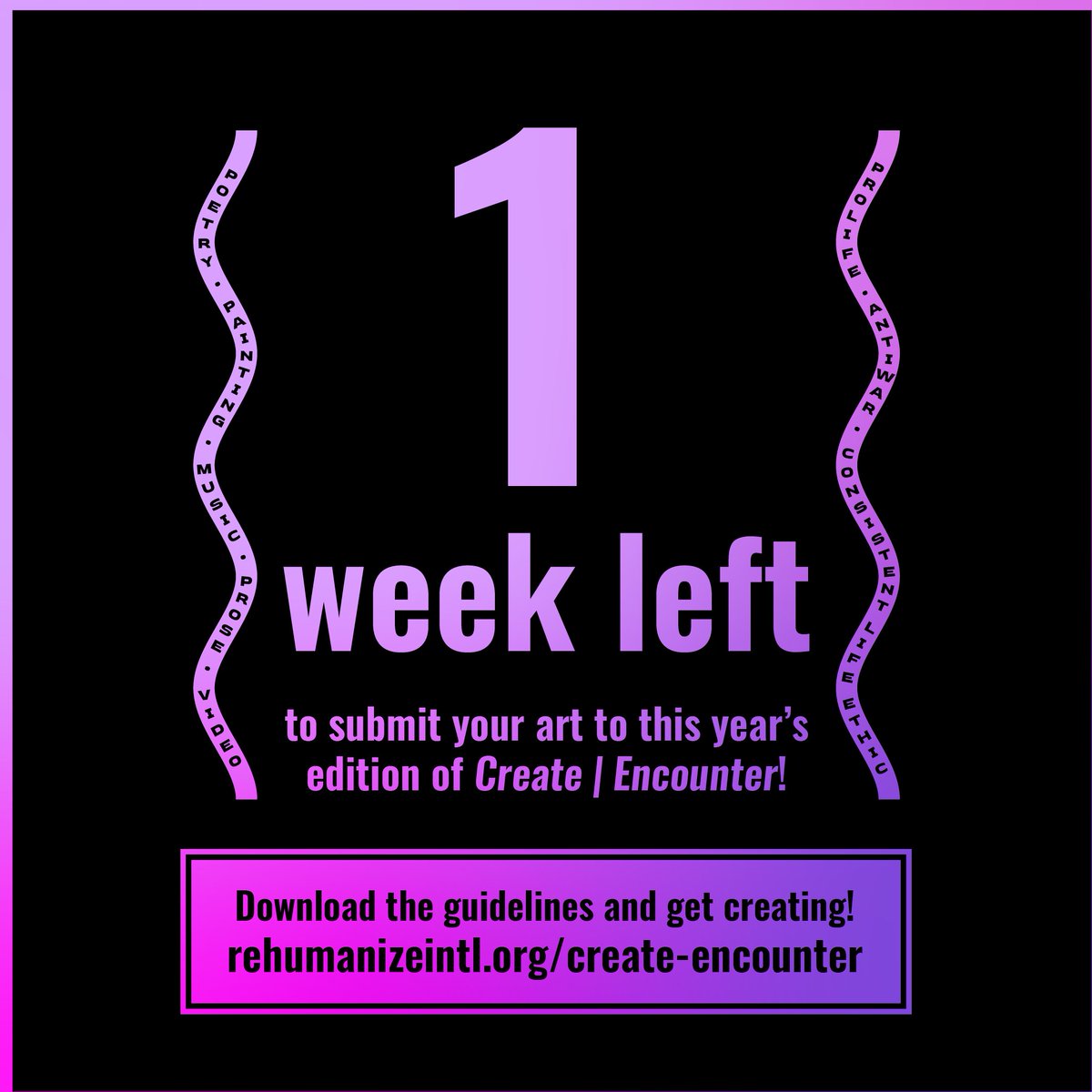 RehumanizeIntl's tweet photo. Only ONE WEEK LEFT to submit your life-affirming art to the 2024 edition of our art magazine, Create | Encounter!
Learn more and start creating: https://t.co/IRNoEZqDfL
#ProLife #ConsistentLifeEthic #Rehumanize #ArtContest #HumanRights #Art https://t.co/Ih6X00I7dt