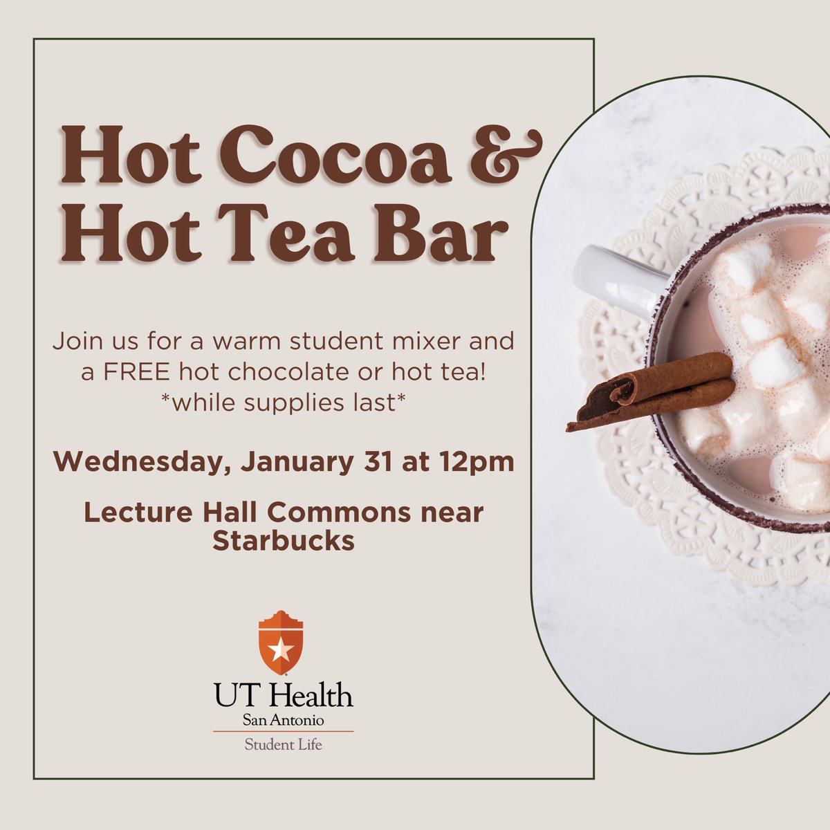 Come hang out with us in the Lecture Hall Commons for a FREE warm drink! *while supplies last* ☕️