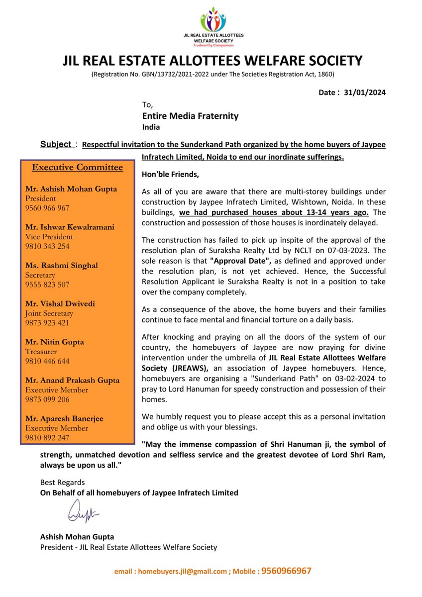 ashmg2000's tweet image. Sharing details of a unique protest by Jaypee homebuyers in Noida.

Date: Saturday, 3 February 2024
Time: 10.30 am to 3 pm

Kindly join us for Pooja and Prasad

@DhaorAshni @WIONews @DelhiTimesTweet