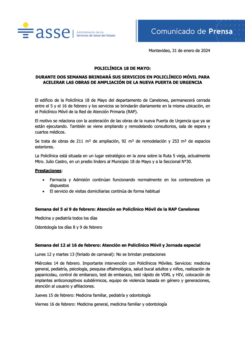 Policlínica 18 de Mayo:
Durante dos semanas brindará sus servicios en Policlínico Móvil para acelerar las obras de ampliación de la nueva puerta de urgencia
#RAPCanelones
Ver comunicado 👇