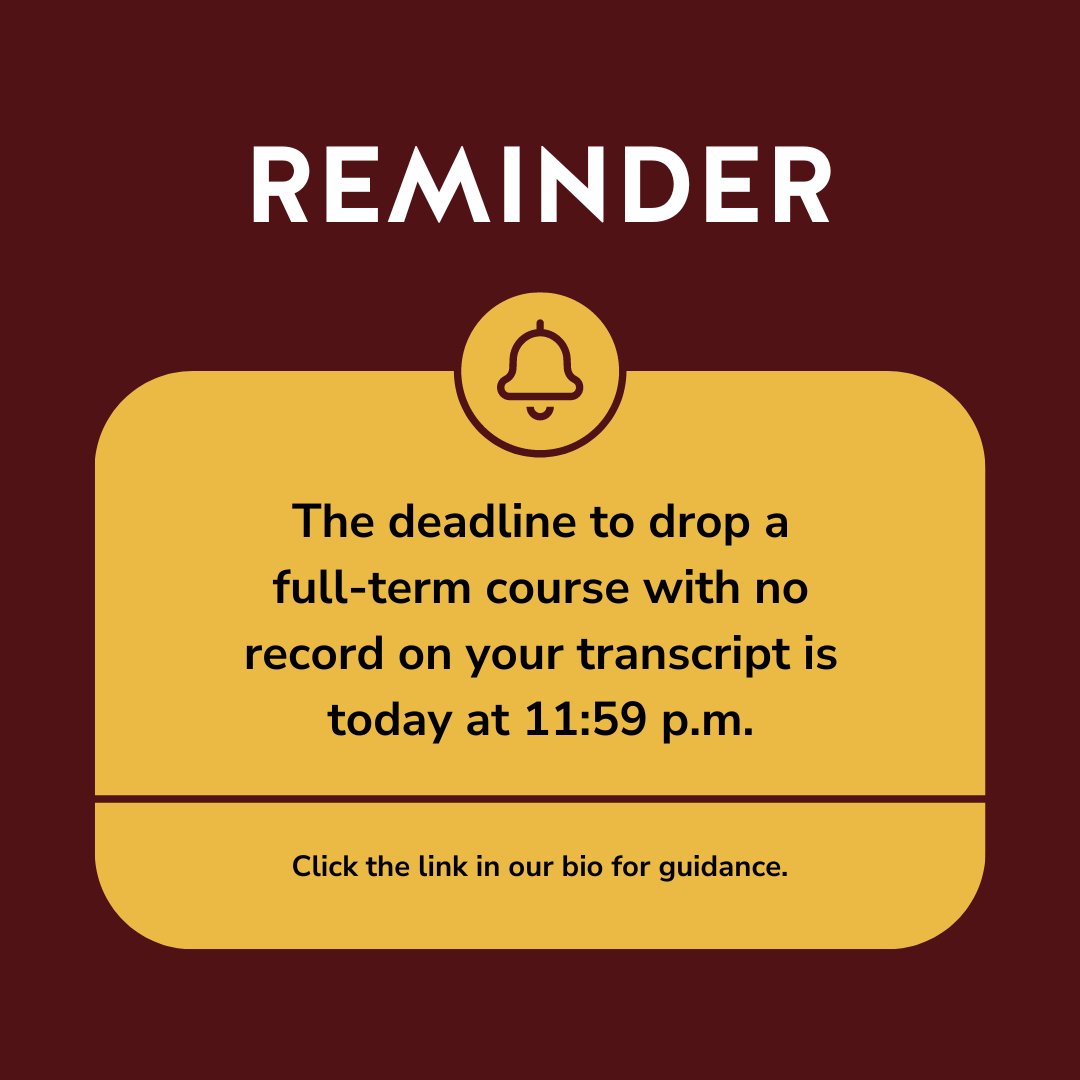 🚨🚨🚨 Attention all Bobcats 🚨🚨🚨

The deadline to drop a full-term course with no record on your transcript is TODAY at 11:59 p.m.

Click the link in our bio for guidance and your next steps if you are considering dropping a course. #TXST