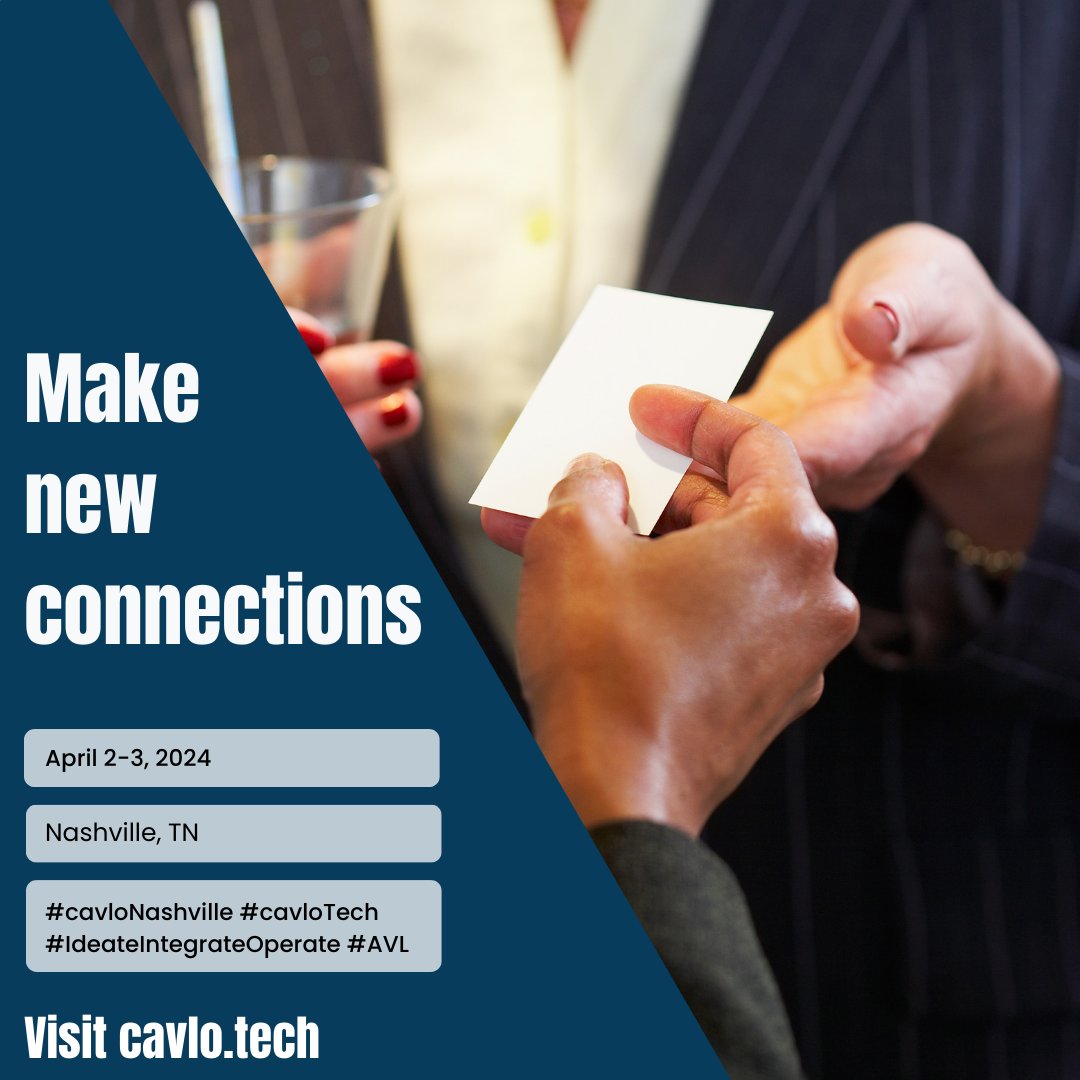 cavlo_tech's tweet photo. Want to network and make new connections? Come to the @cavlo_tech trade show!
Network and make new connections
Discover new technology solutions
Complimentary registration for qualified industry pros
#cavloNashville #digitalsignage #AVIntegrators #UCPros #TechManagers https://t.co/5kFOIm5O8r