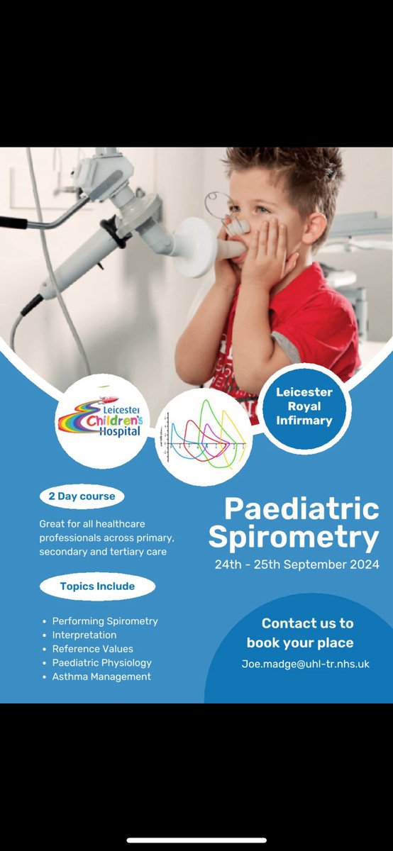 After some great feedback on our recent Paediatric Spirometry course. I am excited to announce our next course will take place on 24th - 25th September 2024. Get in touch for more details. @NatalieBlyth9 @LeicChildHosp