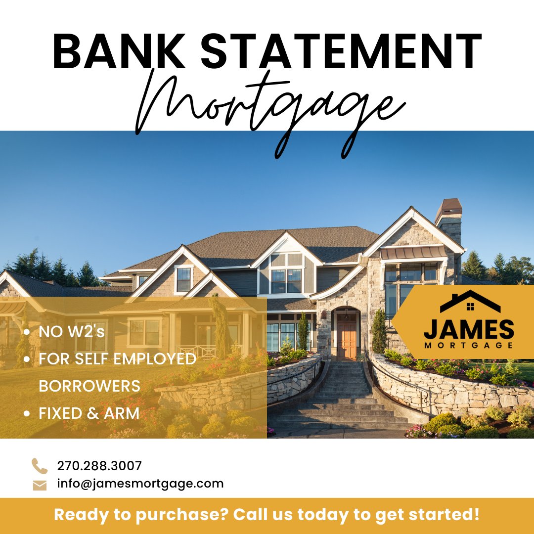 Considering your mortgage options? A Bank Statement Mortgage could be right for you! Learn more today and call James Mortgage.

#JamesMortgage #BankStatement #Mortgage #LoanOfficer #HomeLoan #Purchase #EqualOpportunityHousing #JMTEAM