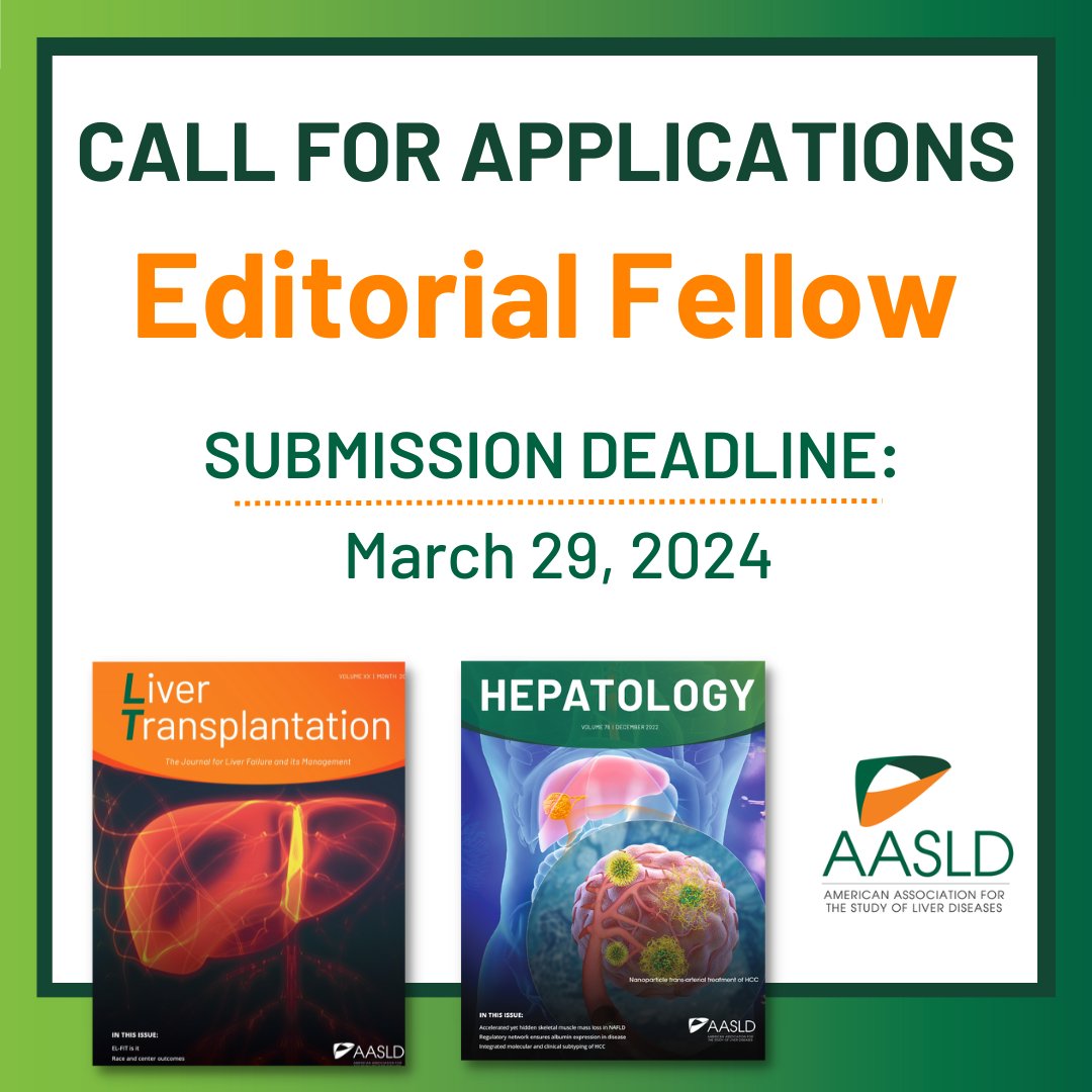 AASLD's flagship journals, @HEP_Journal and @LTxJournal, are seeking trainee candidates who are interested in year-long Editorial Fellowships. Learn more and apply by March 29! bit.ly/3UlRT3K @LiverFellow #LiverTwitter