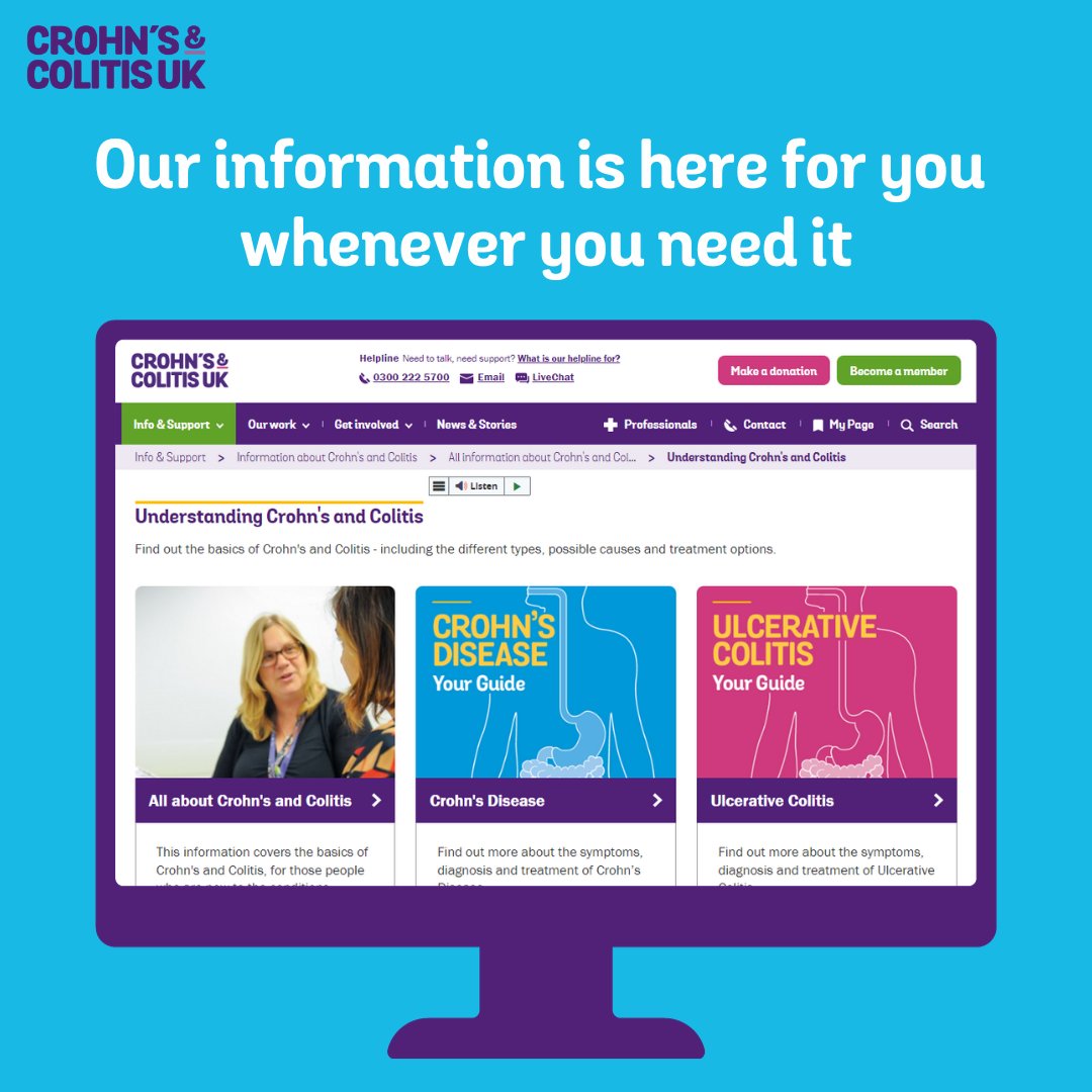 From medicines and surgery to symptoms and employment, we have over 50 information pages. If you have Crohn's Disease, Ulcerative Colitis or Microscopic Colitis - we're here for you! Click here 👉ow.ly/tiUT50Qusf8 #Crohns #Colitis #IBD