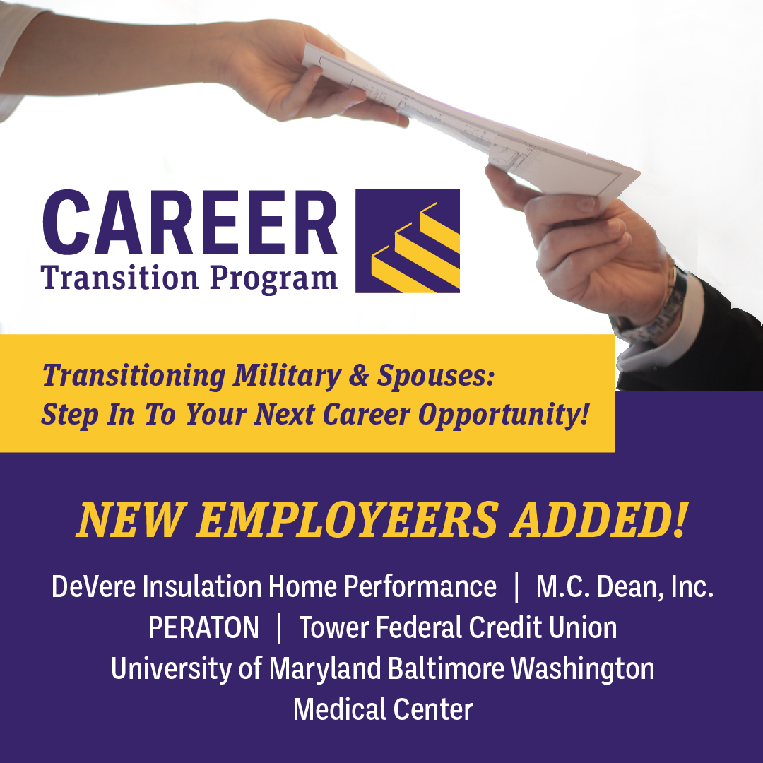 Thanks to the following companies for joining the Career Transition Program. They will take part in our unique event placing #transitioningmilitary and military connected individuals into employment opportunities in #FortMeade. #FMA  

Learn more: ow.ly/6XrF50QvRXS