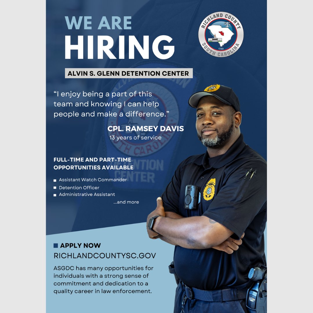 RichlandSC's tweet photo. Looking for a career in law enforcement👮🏽♀️?
Alvin S. Glenn Detention Center (ASGDC) is seeking committed individuals devoted to public and institutional safety to join its team.
Apply online: https://t.co/65oKVqBYOJ 💻
#ASGDC #JoinToday #RichlandCountySC https://t.co/dVSHxjD1gX