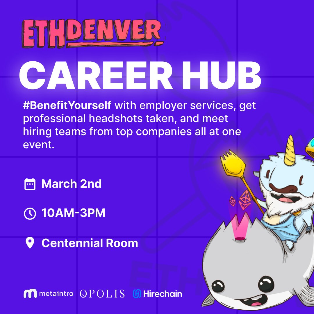 opolis's tweet photo. Join #Opolis at #EthDenver2024 ๐ and elevate your career at the official EthDenver Career Hub ๐.
Come dressed to impress ๐๐ and receive a complimentary professional portrait ๐ธ to enhance your portfolio.
Sign up now! The spots are going fast!
https://t.co/6MMSk8Bvr5 https://t.co/itNS2rLf7s