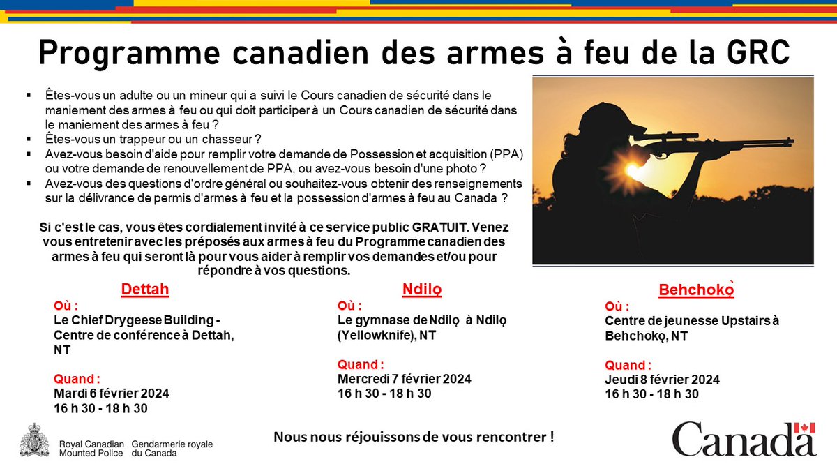 Nos amis du Programme canadien des armes à feu organisent des séances d'information à Behchokǫ̀, Dettah et Ndilǫ. 

Voir les affiches pour plus de détails !