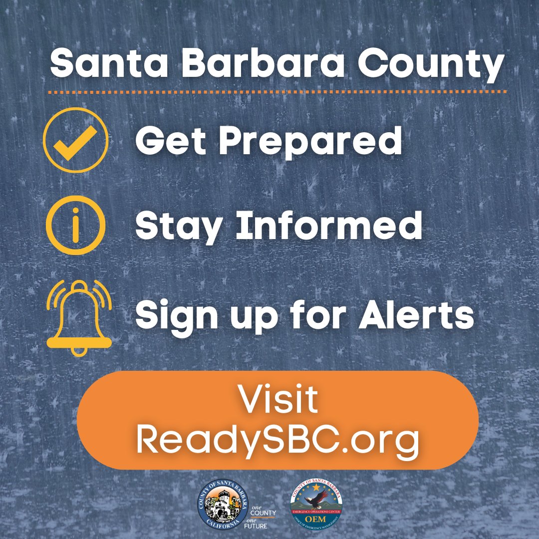Get ready now for the wet weather ahead! 2 storm systems are in the forecast, with the first, weaker storm arriving later Weds &amp; the 2nd anticipated as early as Sun. Prepare by:
📲Visiting ReadySBC.org for prep info
🚨Signing up for ReadySBC Alerts
#ReadySBC