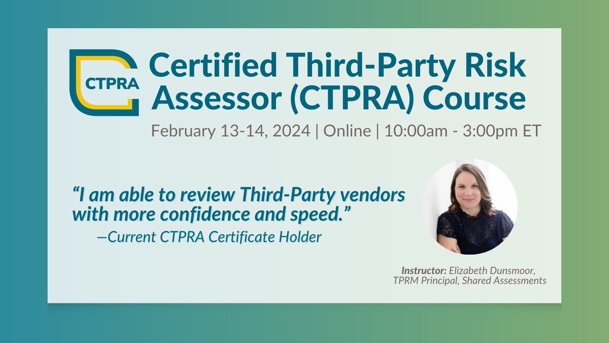 Calling all assessors, auditors, and #RiskManagers 📢  Don't miss our #CTPRA course on February 13-14. 

This course includes the processes for identifying, quantifying, and mitigating risk within an organization’s #TPRM program.

Register Here: ow.ly/QhVk50Qwrxu