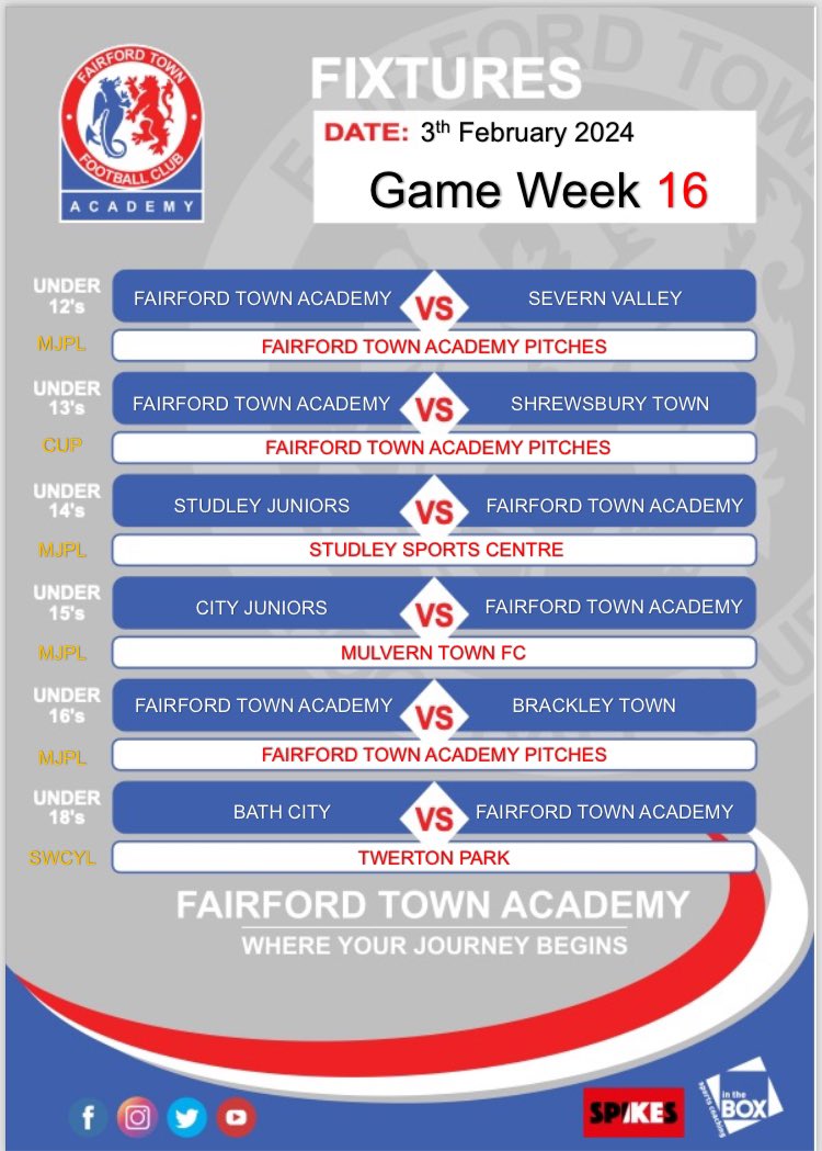 ‼️WEEKENDS FIXTURES‼️

Game Week 16 

Quarter finals of the cup for the 13’s 🏆