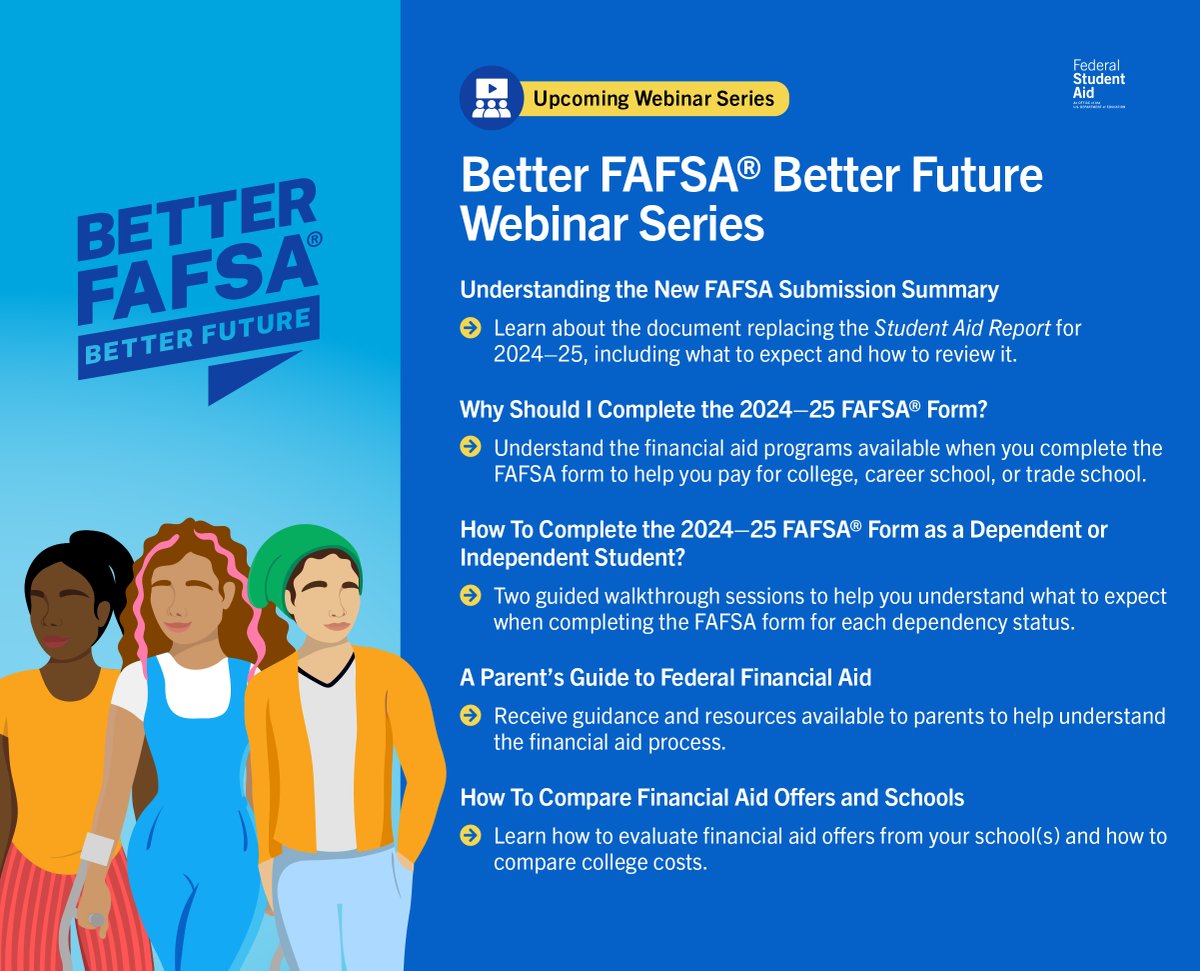 6️⃣ great sessions, 6️⃣ opportunities to prepare for completing the 2024–25 FAFSA® form: Don’t miss any of these upcoming webinars by registering today: forms.office.com/g/b5UL643gFx