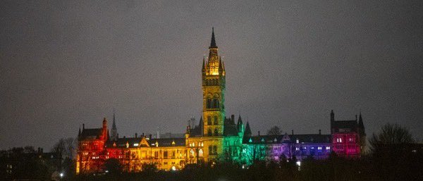 The South facade of our iconic Gilbert Scott building will be illuminated in rainbow colours from this evening through until next Thursday to mark the start of LGBTQ+ History month. Thank you to @UofGEquality @glasgowunisrc for contacting us @UofGEstates to arrange this.
