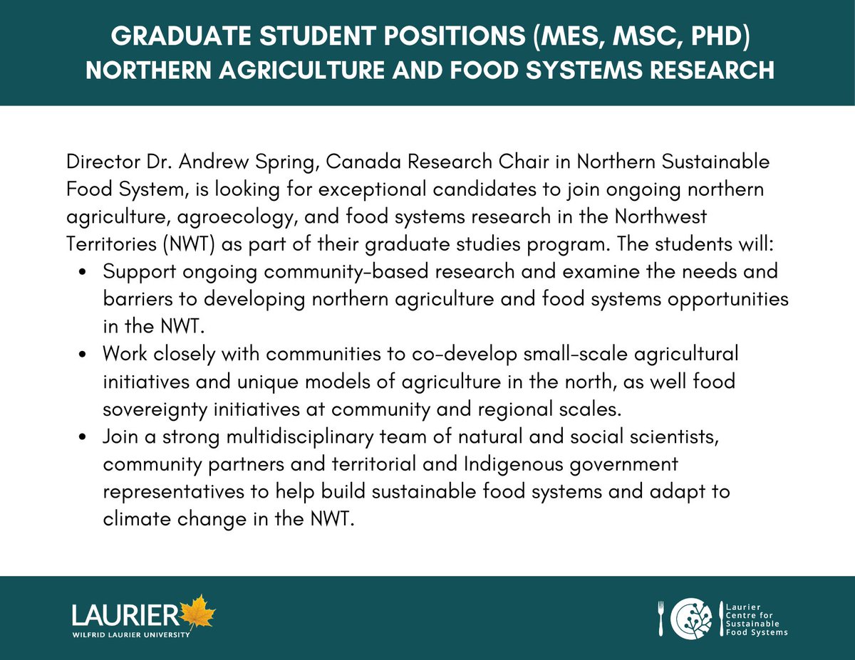 The Laurier Centre for Sustainable Food Systems (@lcsfsresearch) on Twitter photo Looking for a graduate student position? <a href="/andrewjspring/">Andrew Spring</a> is looking for exceptional MES, MSC, and PhD candidates to join on-going food systems research in the Northwest Territories.
Find the full posting here bit.ly/3TU22EA with information on how to apply! Looking for a graduate student position? <a href="/andrewjspring/">Andrew Spring</a> is looking for exceptional MES, MSC, and PhD candidates to join on-going food systems research in the Northwest Territories.
Find the full posting here bit.ly/3TU22EA with information on how to apply!