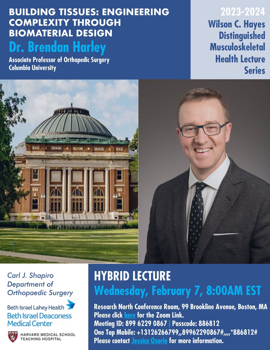 Delighted to host @profharley.bsky.social from @Illinois_alma at @Ortho_BIDMC Toby Hayes Distinguished #MSK Lecture Series on WED, Feb 7, 8 AM - on building #tissues:
engineering complexity through #biomaterial design - Zoom  👉  buff.ly/4bhlh1a 
@BIDMCHealth @HarvardMed