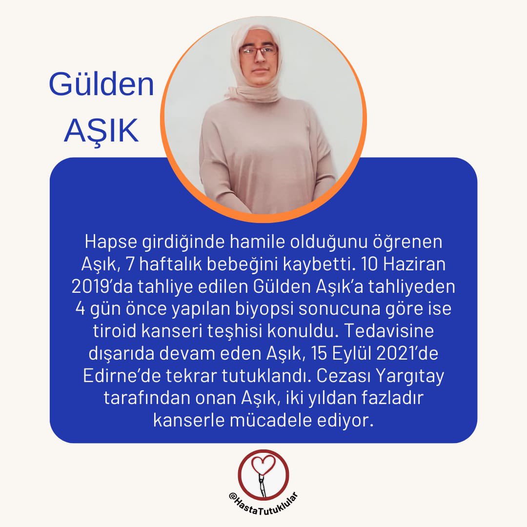 — Gülden Aşık, suçsuz yere tutuklandı
(10 Nisan 2019)
— Cezaevine girdiğinde hamile olduğunu öğrendi. 7 haftalık bebeğini kaybetti. Ve sonra kansere yakalandığını öğrendi 
<a href="/mutludc/">Mutlu Civiroglu</a>
@MucellaYapici
<a href="/CelalBaslangic/">Celal Başlangıç</a>
GüldenAşıka AcilTahliye