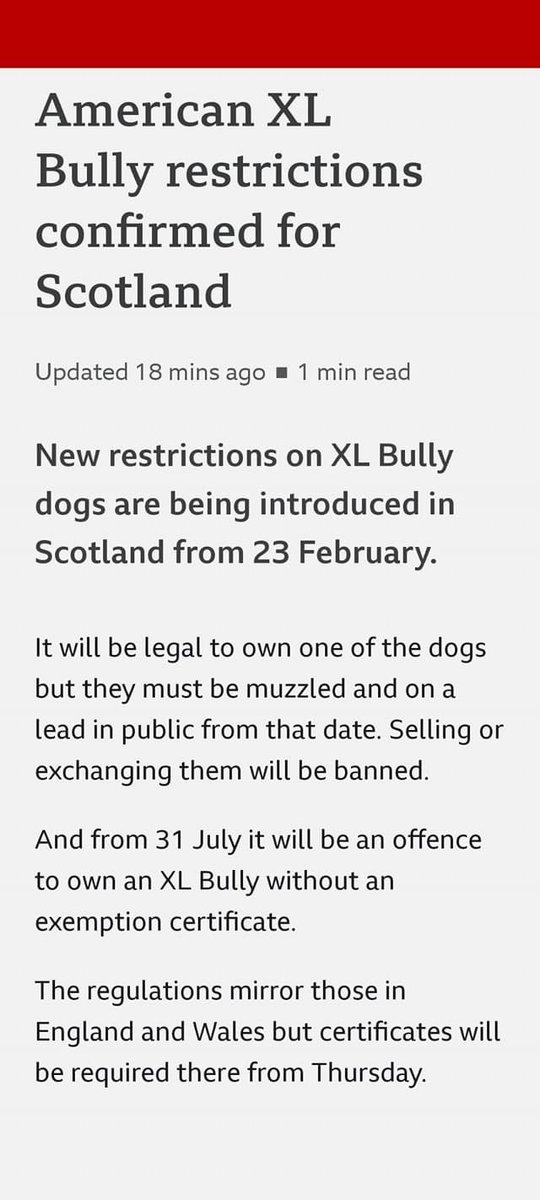 Scotland have outlined the dates they will be enforcing the ban. From Feb 23rd breeding, rehoming or selling an XL Bully will be illegal. All XL Bullies must be on a lead & muzzled in public from that date. Dogs must be on the Index of Exempt Dogs at DEFRA by July 31st.