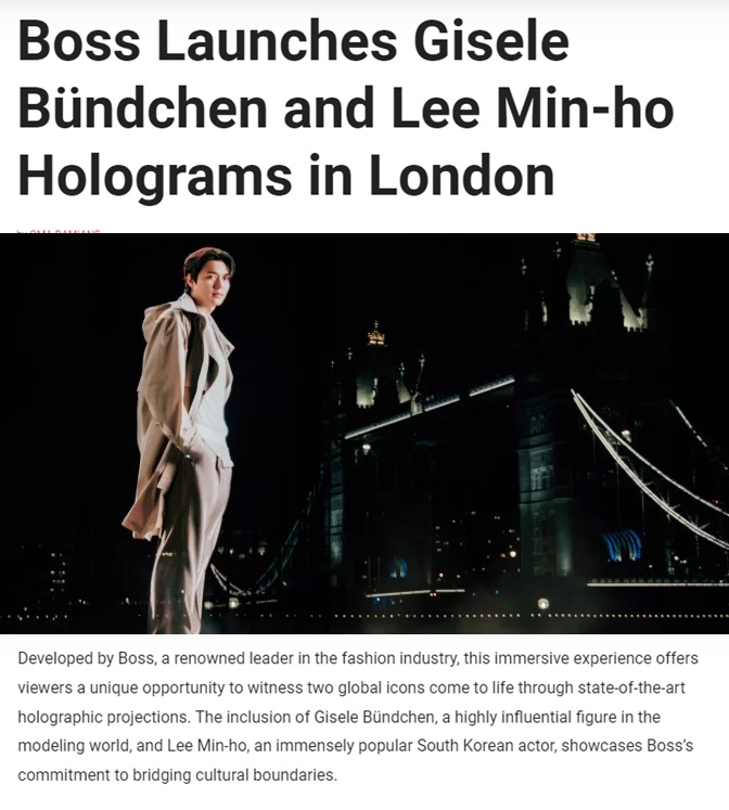 "Developed by Boss, a renowned leader in the fashion industry, this immersive experience offers viewers a unique opportunity to witness two global icons come to life through state-of-the-art holographic projections."
#LeeMinHo #이민호 <a href="/ActorLeeMinHo/">Lee Min Ho</a> #kdrama