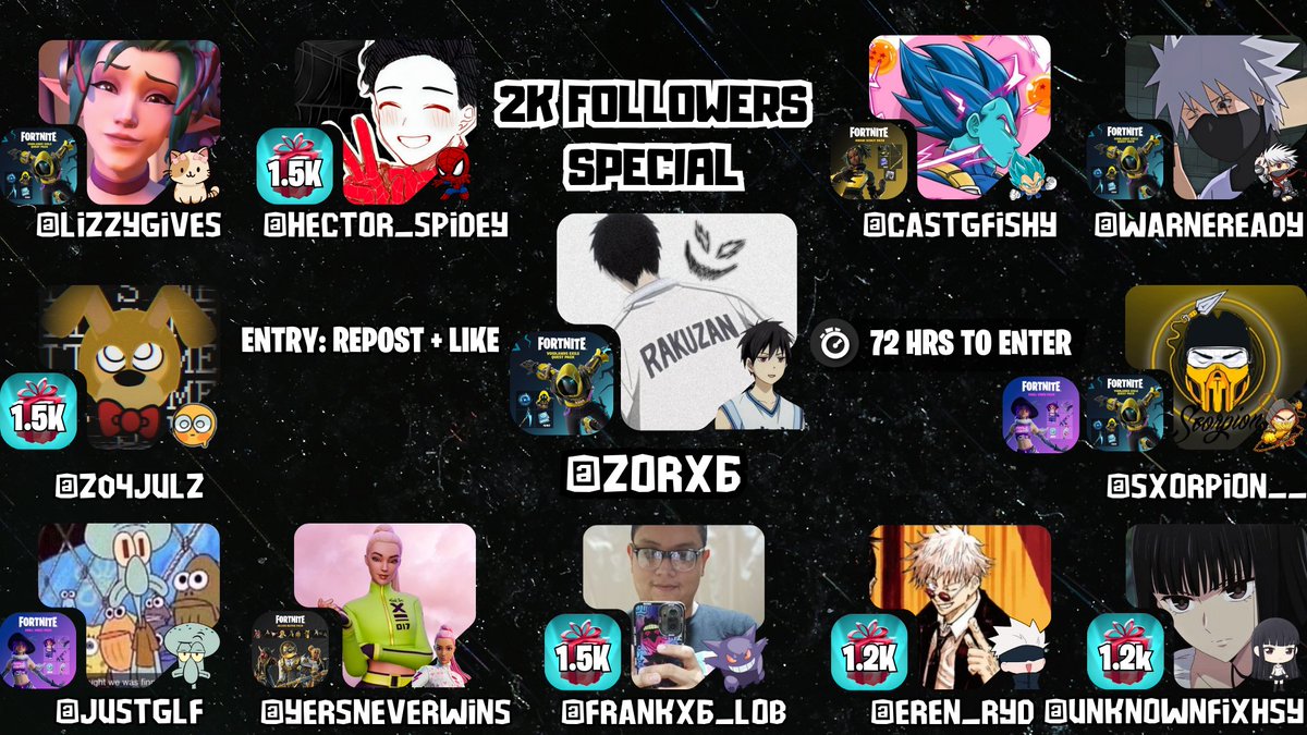 Zorx/HectorKish (@zorx6) on Twitter photo 2K FOLLOWERS SPECIAL 🔥
- Ends 72 Hours ⏰
-Repost🔄and Like 🤍
-Follow <a href="/Zorx6/">Zorx/HectorKish</a> + <a href="/LizzyGives/">Lizzy~ use code “YODELIZ” 🩷</a> + <a href="/Hector_Spidey/">Hector Spidey</a> + <a href="/Castgfishy/">Castgfishy</a> + <a href="/WarneReady/">𝙒𝘼𝙍𝙉𝙀𝙍 ✧</a> + <a href="/Z04JULZ/">JulZ 👺</a> + <a href="/Sxorpion__/">ᴵ ᵃᵐ SXORPiiON</a> + <a href="/JustGlF/">ً</a> + @YersNeverWins + <a href="/Eren_RYD/">Eren Rayado| WATCHING: One Piece and Bleach</a> + <a href="/UnknownFixhsy/">UnknownFixhsy</a> 2K FOLLOWERS SPECIAL 🔥
- Ends 72 Hours ⏰
-Repost🔄and Like 🤍
-Follow <a href="/Zorx6/">Zorx/HectorKish</a> + <a href="/LizzyGives/">Lizzy~ use code “YODELIZ” 🩷</a> + <a href="/Hector_Spidey/">Hector Spidey</a> + <a href="/Castgfishy/">Castgfishy</a> + <a href="/WarneReady/">𝙒𝘼𝙍𝙉𝙀𝙍 ✧</a> + <a href="/Z04JULZ/">JulZ 👺</a> + <a href="/Sxorpion__/">ᴵ ᵃᵐ SXORPiiON</a> + <a href="/JustGlF/">ً</a> + @YersNeverWins + <a href="/Eren_RYD/">Eren Rayado| WATCHING: One Piece and Bleach</a> + <a href="/UnknownFixhsy/">UnknownFixhsy</a>