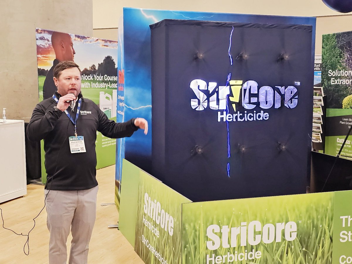 GCImagazine's tweet image. .@KBriscoePhD introduces @StewardsofTurf's StriCore. The first new pre-emergent herbicide in a decade is designed to help combat weed resistance, including goosegrass, crabgrass and Poa annua, and will be available EOP 2024: "Anywhere you can find turf, you can use StriCore."