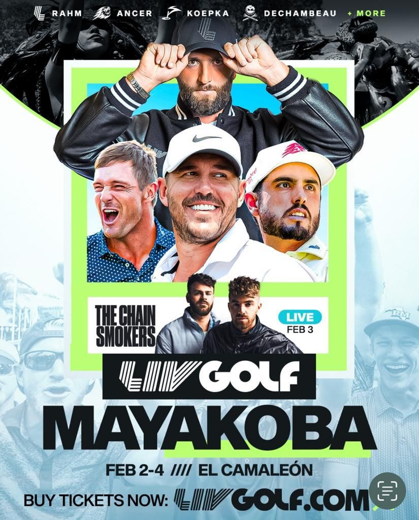 <a href="/livgolf_league/">LIV Golf</a>  Mayakoba 2024.

Aparta la fecha que ya se acerca del 2 al 4 de febrero, el gran evento del Golf.

Y no solo eso, ven y disfruta del gran concierto de <a href="/TheChainsmokers/">THE CHAINSMOKERS</a> para cerrar con broche de oro.