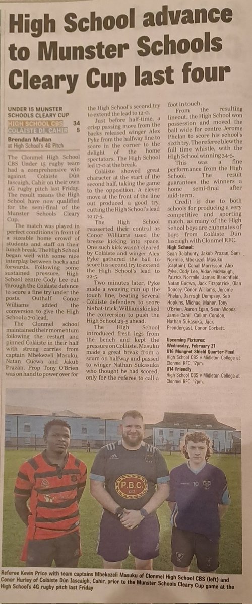 hsclonmelcbs's tweet photo. Thanks to @TheNationalist for the fantastic coverage of our latest Rugby News charting our @Munsterrugby Cleary Cup progress 🏉🏆🔴⚫️ #cuprugby 
#schoolrugby @PriceyKev11 🏉 https://t.co/x8ry75b6XI