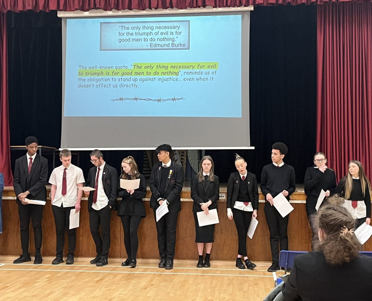 StRochRE's tweet photo. Caritas @St_Rochs led assembly prayer for #HolocaustMemorialDay &amp; reminded us to stand up for the weak &amp; oppressed. Special thanks to Raven &amp; Molly who then gave up their study time to help teach 2B RE the story of David &amp; Goliath. 🗡️ 👑 @rercag @EduAdviser_Lou @HMD_UK https://t.co/1TSGtFZ7ub