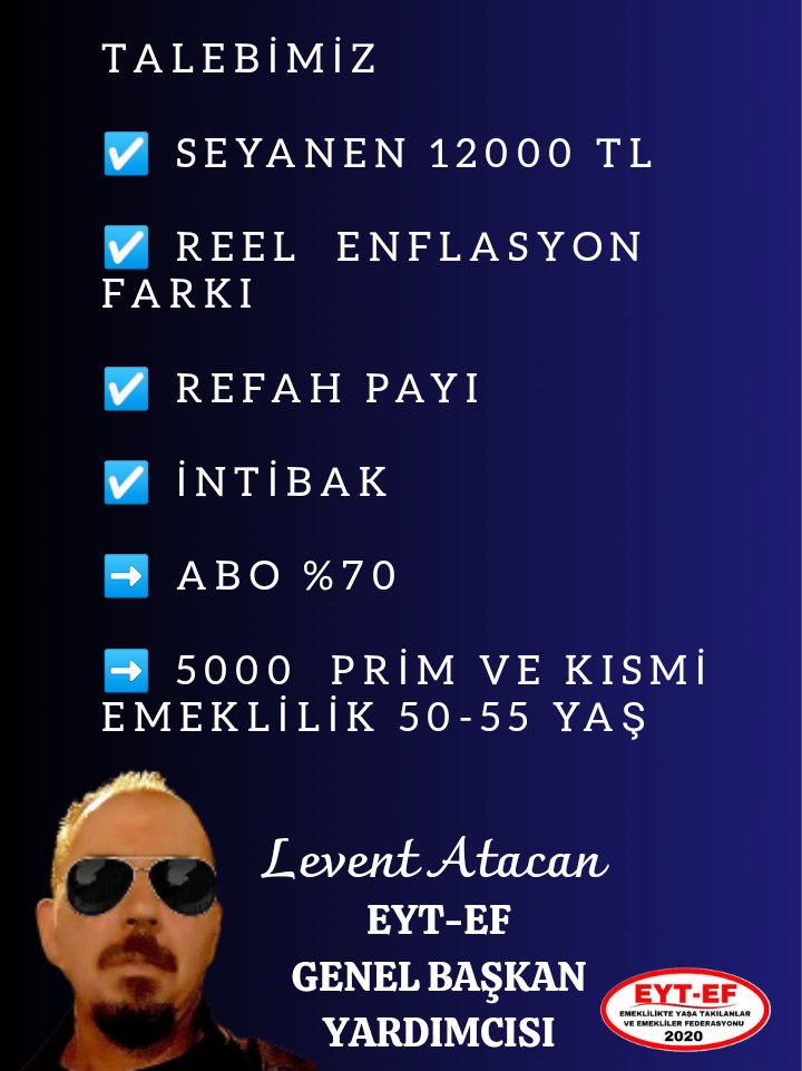 EYTLEVENTATACA1's tweet photo. TALEBİMİZ

☑️SEYANEN 12000 TL
                       
☑️REEL  ENFLASYON FARKI
                       
☑️REFAH PAYI
                       
☑️İNTİBAK
                        
➡️ABO %70

➡️5000 PRİM VE KISMİ EMEKLİLİK 50-55 YAŞ

#KökMaaşlara12BinLiraZam
#5BinKısmiyiMasadaBırakma https://t.co/90aJrLqJO0