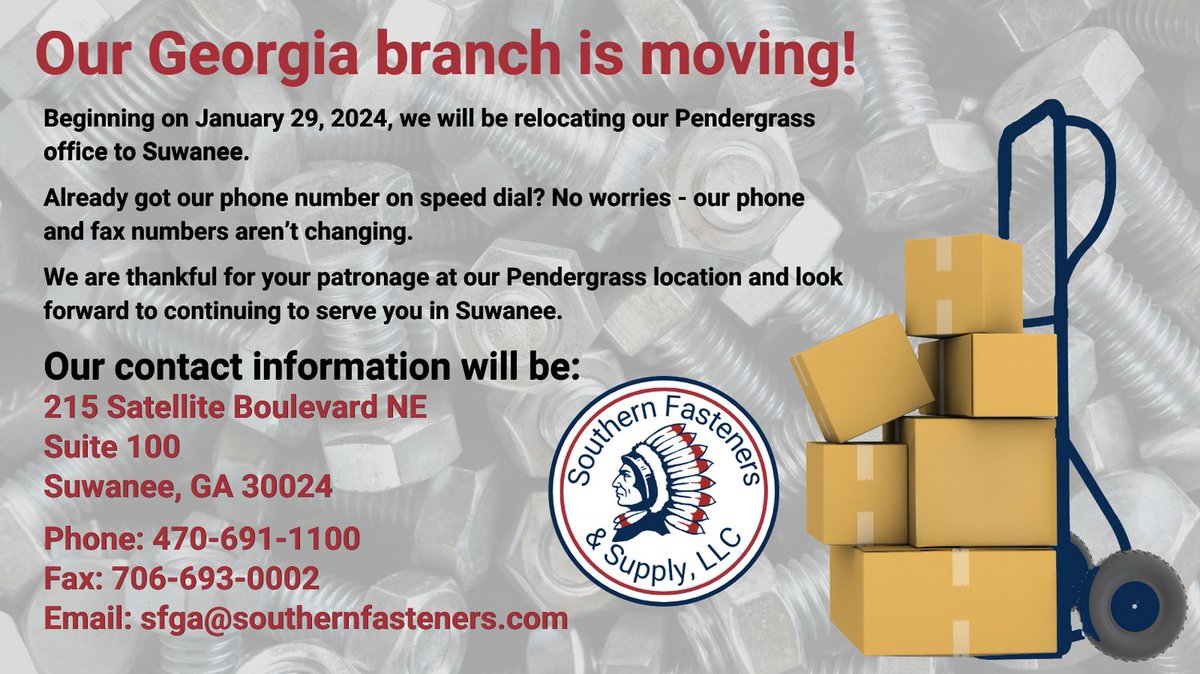 SFandS_LLC's tweet photo. Just a heads up that our Georgia branch is currently in transition.
If you normally do business with this location and need assistance during this period, please contact us at 800-642-0921.
#southernfasteners #Georgia #moving #Pendergrass #Suwanee #fasteners #nutsandbolts https://t.co/hOFFCxJ0rv