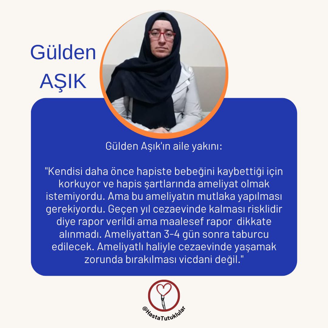 Doktorların “Onkolojik açıdan cezaevinde kalması hayati risk oluşturur” dediği Gülden Aşık, tahliye edilmedi. 
Kanser hastalığı sebebiyle ameliyat olan Aşık, hala tutuklu.Yeniden cezaevine geri gönderilmemeli! 
<a href="/TCAytunCiray/">Dr. Aytun Çıray</a>
<a href="/selinsayekboke/">Selin Sayek-Böke🇹🇷</a>
<a href="/SerpilKemalbay/">Serpil Kemalbay</a>
GüldenAşıka AcilTahliye