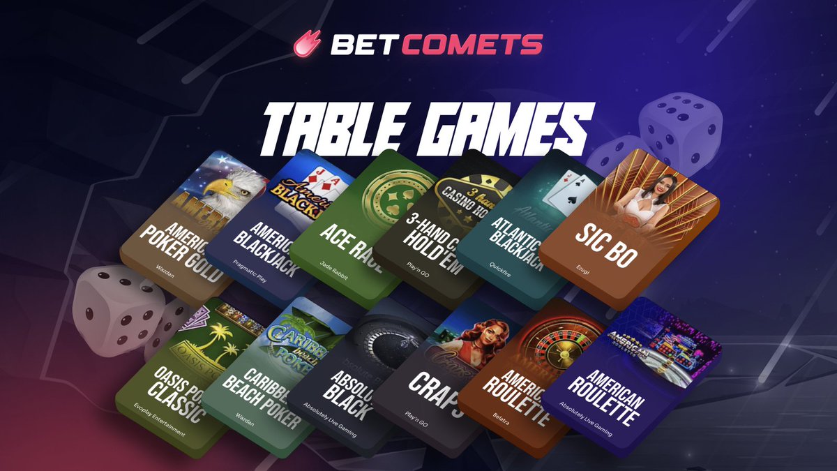 Betcometscom's tweet photo. Enter the exciting world of Table Games at BetComets and experience the fun like never before! Our tables are waiting for you, with an incredible variety of online games. Join us now and let the games begin!

https://t.co/HS2qJoJyJQ https://t.co/XBJfOPZHHO